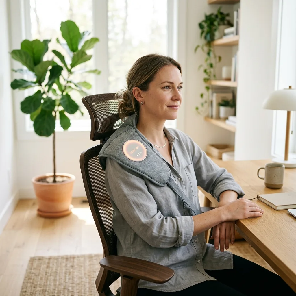 Person comfortably wearing the Vital Shoulder Massager at a home office desk