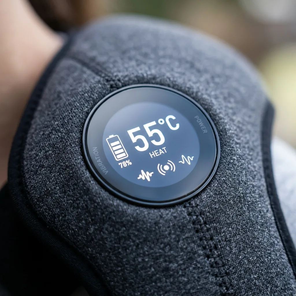 Macro view of circular digital touch control display on Vital Shoulder Massager