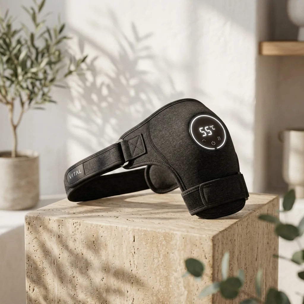 Vital Shoulder Massager resting on warm stone pedestal in wellness setting