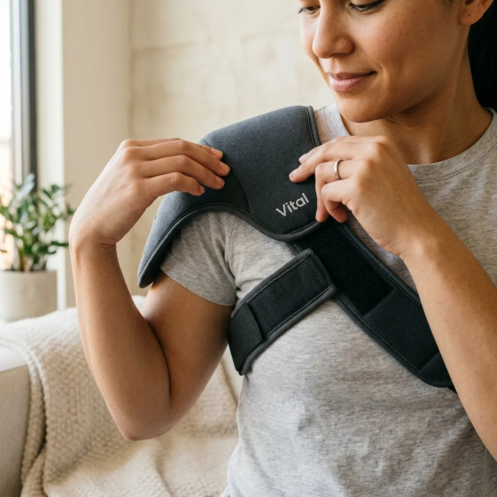 Positioning the contoured Vital Shoulder Massager sleeve over the shoulder