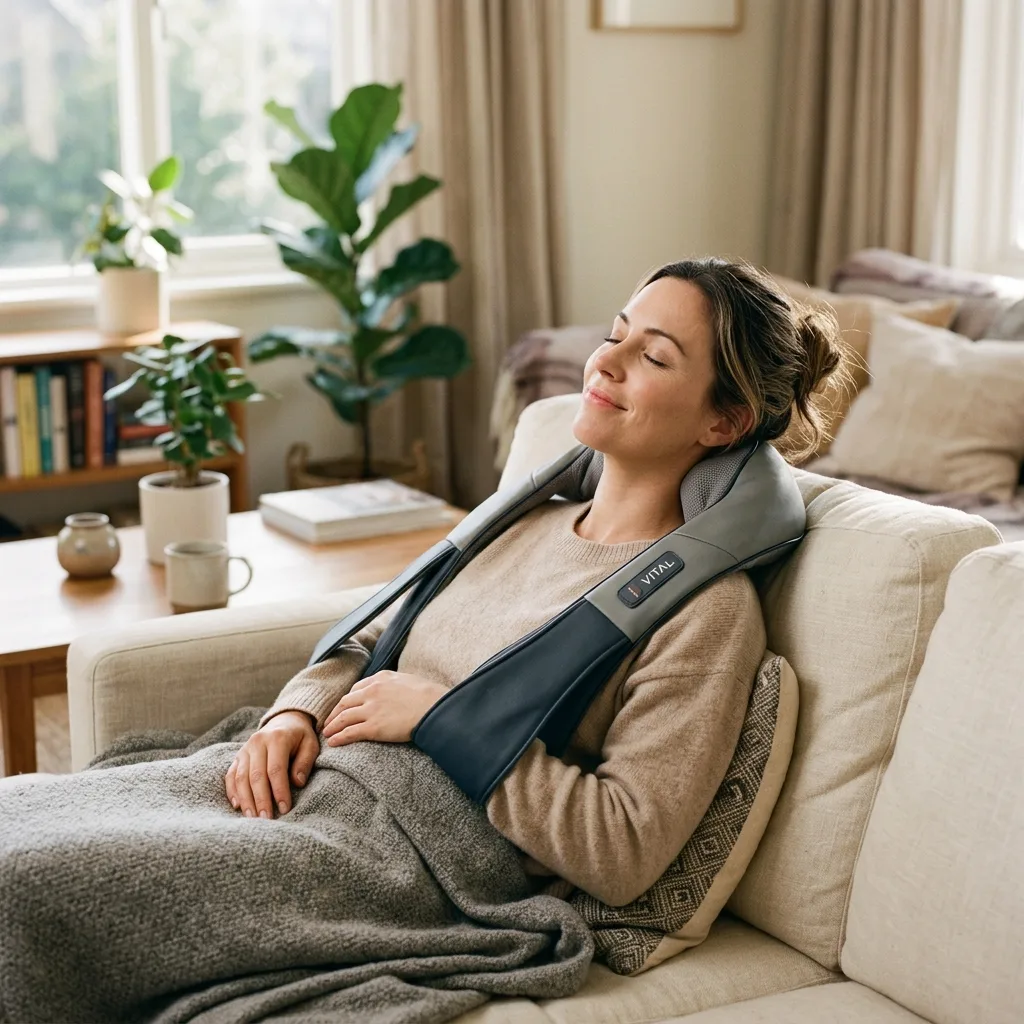 Relaxing hands-free while the Vital Shoulder Massager relieves tension