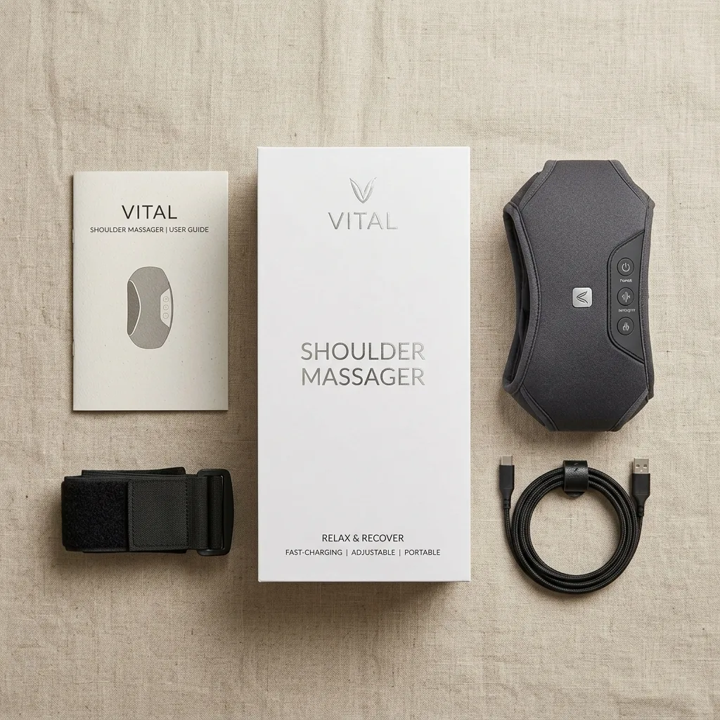 Flat lay unboxing manifest of Vital Shoulder Massager packaging and accessories